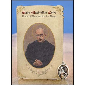 St. Maximilian Kolbe Schutzpatron der Süchte Heilmedaille und Heilige Karte Set - Bild 1 von 2