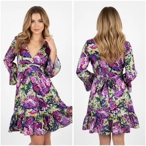 Betsey Johnson hell Blumendruck Rüschen Minikleid Glockenärmel hinten zum Binden Gr. 4 - Bild 1 von 9