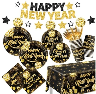 Vajilla Feliz Año Nuevo 2025 Feliz Año Nuevo Platos y Servilletas Año Nuevo... Foto 1 de 4