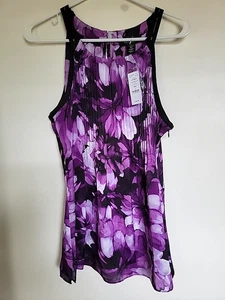 WHITE HOUSE BLACK MARKET Purple Floral Pleated Cami Tank Top Blouse Size L NEW - Picture 1 of 3