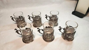 Set of Six Vintage Metal Cup Holders with Handles and 6 Glasses, Anchor Hocking - Picture 1 of 15