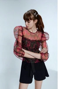 BNWT Zara Blouse Red Black Roses Sheer Puff Sleeves Cropped Size M UK 10 12 - Picture 1 of 6