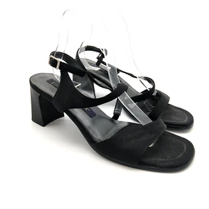 Vintage 90s Hillard & Hanson Strappy Heels Size 9.5 Black Chunky Heel Square Toe - Picture 1 of 6