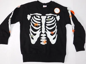 Boys Girls XS 4 5 Black Sweatshirt Skeleton Bones Spiders Halloween Glow in Dark - Picture 1 of 5