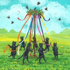 18x18 Estampado de Pintura Ryta Maypole Danza Gato Negro Primavera Pájaros Paganos Celtas - Imagen 1 de 1