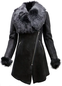 Women's Black Suede Merino Sheepskin Leather Coat With Toscana Collar  - Picture 1 of 9
