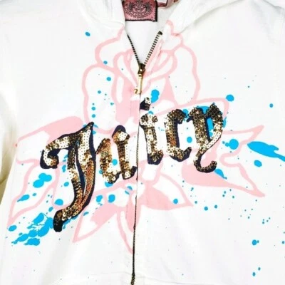Vtg Juicy Couture White Long Sleeve Bird Graphic Sequin Embroidery Hoodie Sz L - Image 1 of 4