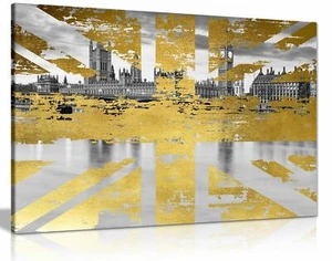 Union Jack London Gold Abstract Canvas Wall Art Picture Print Home Decor - Picture 1 of 1