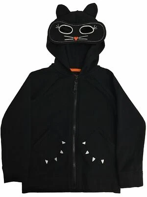 Girls Black Cat Mask & Paw Pocket Hoodie Halloween Zip Front Sweatshirt XS 4/5 - Image 1 of 2