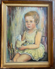 Peinture à l'huile fille J. Leyde en robe avec poupée portrait cadre antique huile