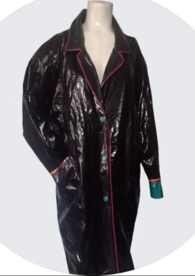 Impermeable de PVC Contempo Casuals años 70 80 negro brillante vinilo MODSlippery de colección raro Foto 1 de 4