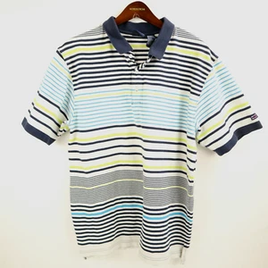 Vintage Bugle Boy Men's Size Large L Polo Shirt Striped White Blue Green - Picture 1 of 7
