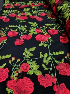 Embroidered  Lace Apparel Fabric Red Floral Black Mesh Fabric Sold By The Yard  - Picture 1 of 10