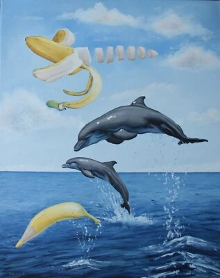 ORIGINAL large surreal seascape floating fruit landscape oil painting Dolphins  - Image 1 of 4