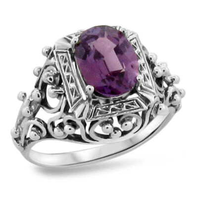 925 STERLING SILVER FILIGREE ANTIQUE STYLE SIMULATED ALEXANDRITE RING       264X - Image 1 of 3