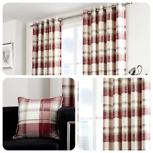 Fusion BALMORAL CHECK Ruby Red Tartan 100% Cotton Eyelet Curtains & Cushions - Picture 1 of 10