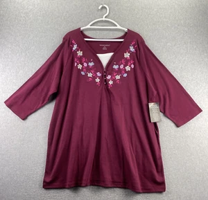 Woman Within Top Blouse Plus 3XL Burgundy Floral Embroidered Pullover NEW - Picture 1 of 10