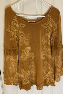 Indigo Thread Co Damen Gr. XS Wearable Art Spitze Senf Bluse Boho Top - Bild 1 von 6