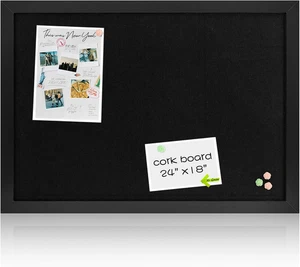 Black Cork Board Bulletin Board with Linen, Wood Framed 24" x 18" Corkboard, Off - Picture 1 of 12
