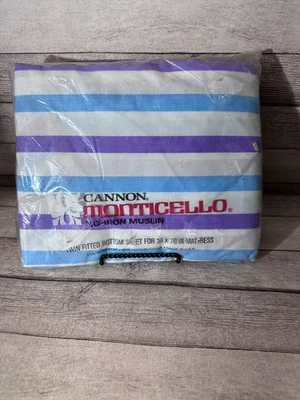 VINTAGE CANNON MONTICELLO PURPLE & TEAL WHITE STRIPE (1) Twin Fitted Sheet 39x76 - Image 1 of 4