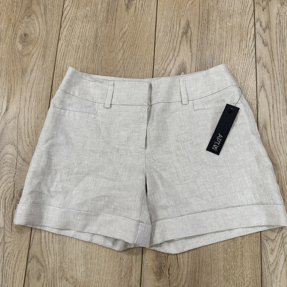 Nuevo con etiquetas Pantalones Cortos Apt.9 Mujer Frente Plano Lino Metálico Talla 4 Bolsillos Puños Beige Foto 1 de 4