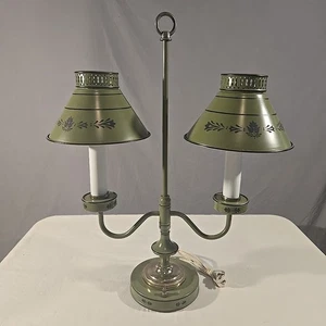Vintage Tole Ware Tin Metal 2 Candle Lamp Double Arm Pair Avocado Green - Picture 1 of 7