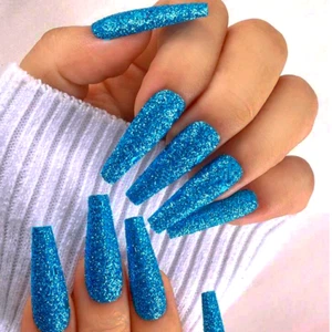 SKINNY LONG COFFIN *BLUE BOMBSHELL GLITTER* Full Cover 24 Nail Press On Glue Set - Picture 1 of 4