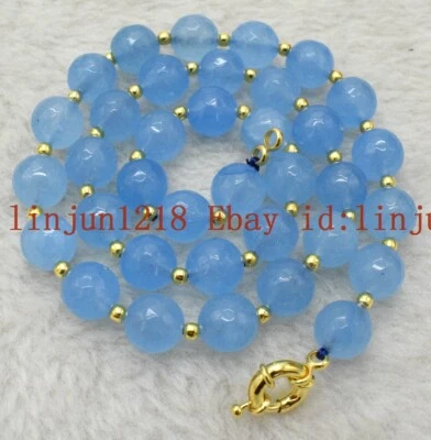Natural 10mm Faceted Blue Aquamarine Round Gemstone Beads Necklace 18" - Image 1 of 4