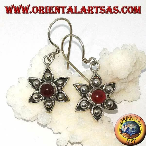 Orecchini d'argento 925 ‰ fiore a sei petali con corniola centrale fatto a mano - Immagine 1 di 1