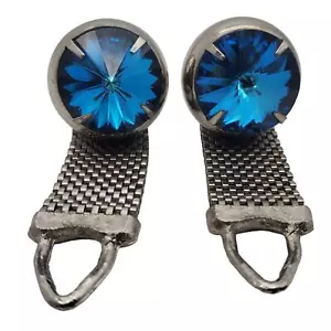 Large Blue Rivoli Cufflinks Silver Mesh Wrap Cuff Links Glass Crystal Vintage - Picture 1 of 14