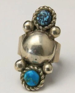 Anillo Burbuja Navajo Vintage Plata Esterlina con Doble Piedra Turquesa Firmado Talla 8 - Imagen 1 de 6