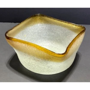 Vtg White and Amber Folded Bowl w/Bubbles Recycled Art Glass Trinket Bowl or Can - Picture 1 of 4