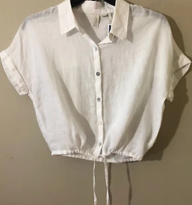 Joie 100%Linen Short Sleeve Button Up Tie Waist Crop Top Blouse Shirt White Sz L - Picture 1 of 5