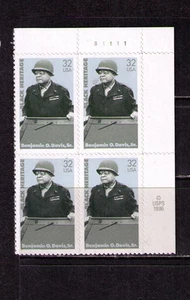 US USA Sc# 3121 MNH FVF PLATE # BLOCK Brig. General Benjamin O. Davis Sr - Picture 1 of 1