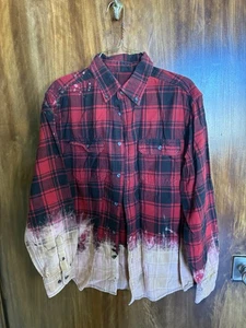 Men's Hand Bleached Thrashed Flannel Button Up Shirt Sz Large 42-44 Grunge Rave - Picture 1 of 10