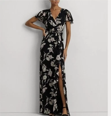 Lauren Ralph Lauren Crinkle Georgette Gown Dress Black Floral Size 6 **NO BELT** - Image 1 of 4