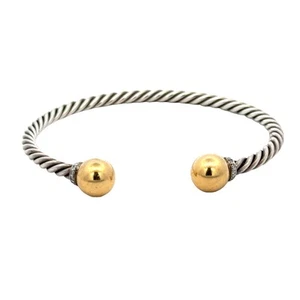 David Yurman SS/18KYG Thin Diamond Cuff Bracelet Gold Ball End Caps Medium size - Picture 1 of 6