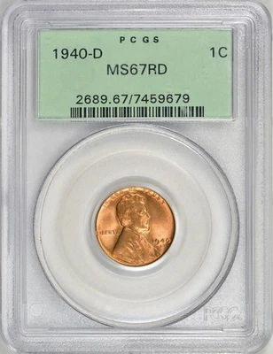 1940 D Lincoln Cent PCGS MS67 RED Old Green Holder - Image 1 of 2
