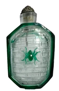 Green and Smoky glass spider web Brick Vintage Snuff Bottle w/ red stone stopper - Picture 1 of 8