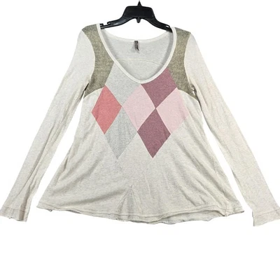 Camisa Free People Mujer Pequeña Crema Cuello en V Manga Larga Argyle Patchwork Tejido Foto 1 de 4