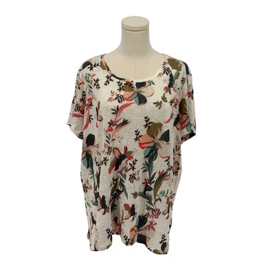 Blusa Rachel Zoe 100% Lino Crema Manga Corta con Patrón Floral (Talla 1X) Foto 1 de 4