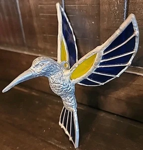 Pewter Hummingbird Stained Glass Wings And Tail Vintage Suncatcher Blue & Yellow - Picture 1 of 12