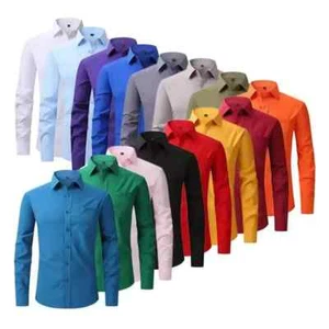 Men's Stretch Slim Fit Button Up Long Sleeve Solid Color Dress Shirt Formal Tops - Picture 1 of 39