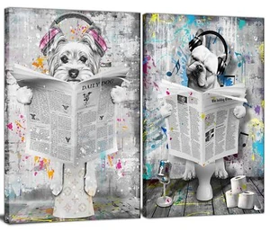 Bathroom Pictures Wall Decor Set of 2, Funny Bathroom Dog Posters Canvas Wall... - Picture 1 of 7