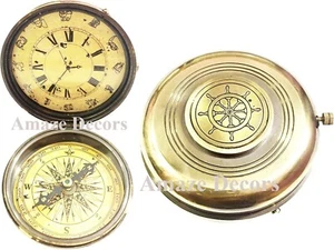 3" Brass Desk Clock Nautical Ship Compass & Antique Pocket Watch Vintage Gift - Picture 1 of 5