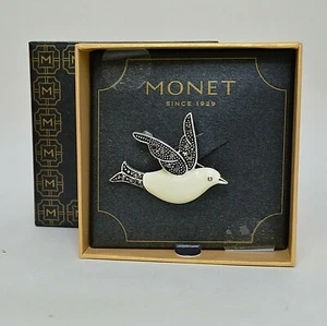 Monet White Enameled Dove Pin Brooch Faux Marcasite Wings Signed IOB - Picture 1 of 4