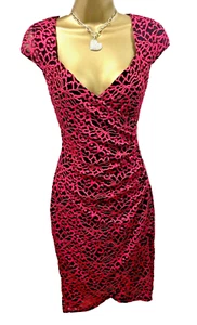 Lipsy Bodyson Dress 10 Pink Black Lace Ruched Wrap Occasion Wedding Sexy - Picture 1 of 18