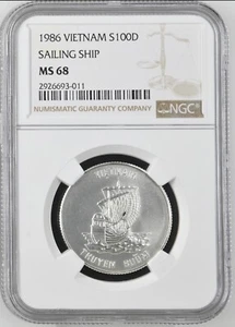 1986 Vietnam 100 Dong Silver World Coin ~ NGC MS68 ~ Junk Boat / Sailing Ship - Picture 1 of 5