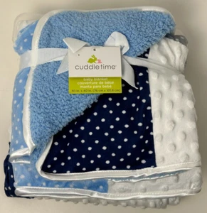 HTF NWT Cuddle Time Navy Blue White Grey Minky Dot Patchwork Sherpa Baby Blanket - Picture 1 of 5