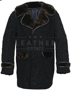 Abrigo largo de piel de cordero persa real negro para hombre cuello de piel de visón real piel de karakul - Imagen 1 de 7